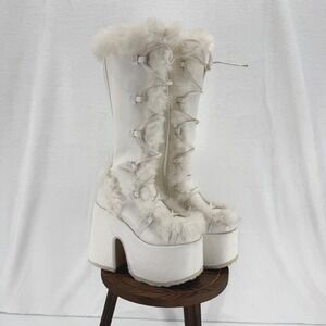 Demonia Camel - 311 Vegan Platform Boots Size 7 White Faux Fur Festival Rave